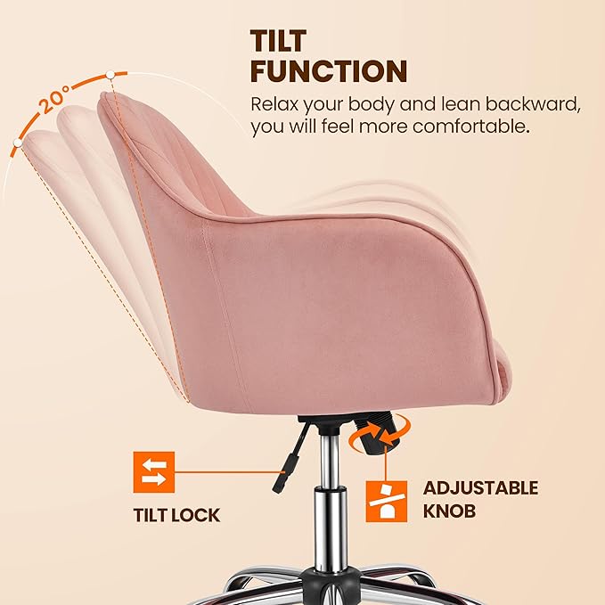 Yaheetech Pink Desk Vanity Chair Comfy Modern Aesthetic Accent Armchair Height Adjustable Swivel Computer Chair for Bedroom or Office