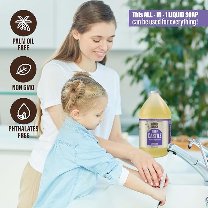 BAMBOO AND BIRCH Pure Castile Soap Liquid, Certified Palm Oil Free Natural Soap, Lavender, 1 Gallon