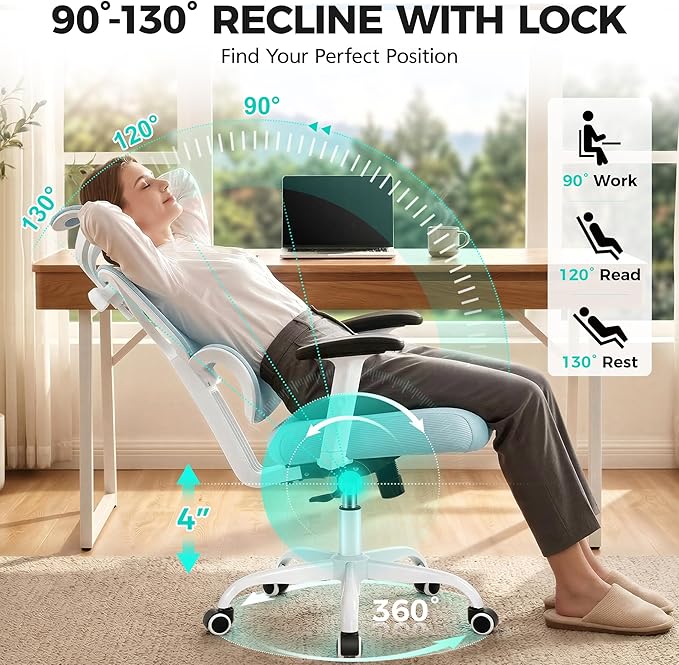 Ergonomic Office Chair High Back Desk Chair with Lumbar Support, Breathable Mesh Computer Chair with Adjustable Armrests Height, Reclining Swivel Big and Tall Gaming Chair for Home Office(Light Blue)
