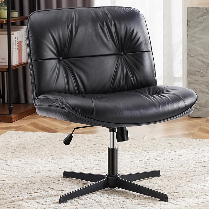 OLIXIS Criss Cross Chair Without Wheels, Cross Legged Office Chair, Armless Wide Vanity Desk Chair with Comfy PU Leather& Back - Swivel for Home Office Bedroom, Black
