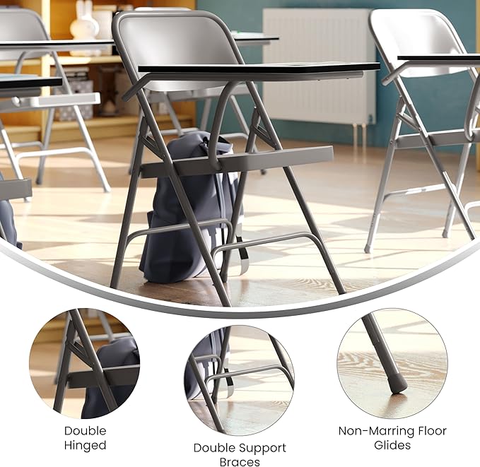 Flash Furniture Rutherford Steel Folding Chair with Right Handed Tablet Arm, Commercial Foldable Conference Room Tablet Arm Chair, Set of 2, Gray