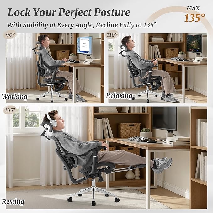 Ergonomic Office Chair with Footrest - 5-Level Adjustable Lumbar Support & 90-135°Recline, 3D Headrest & 4D Armrests, Breathable Mesh Seat Computer Chair for Home Office, Gaming, Black