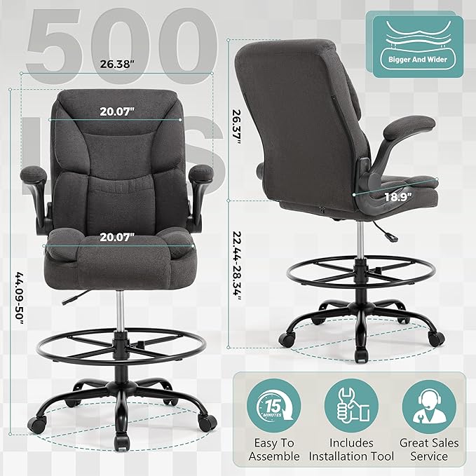 Ergonomic Drafting Chair, Tall Office Chair for Standing Desk, High Back Standing Desk Chair with Flip-Up Armrest, Adjustable Height & Foot Ring, Executive Fabric Extended Height Office Chairs, Black