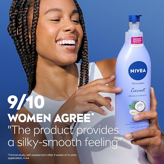 NIVEA Oil Infused Lotion Coconut and Monoi Oil Body Lotion for Women, Fast-Absorbing and Non-Greasy Coconut Scented Lotion Moisturizes for 48 Hours, 16.9 Fl Oz Pump Bottle