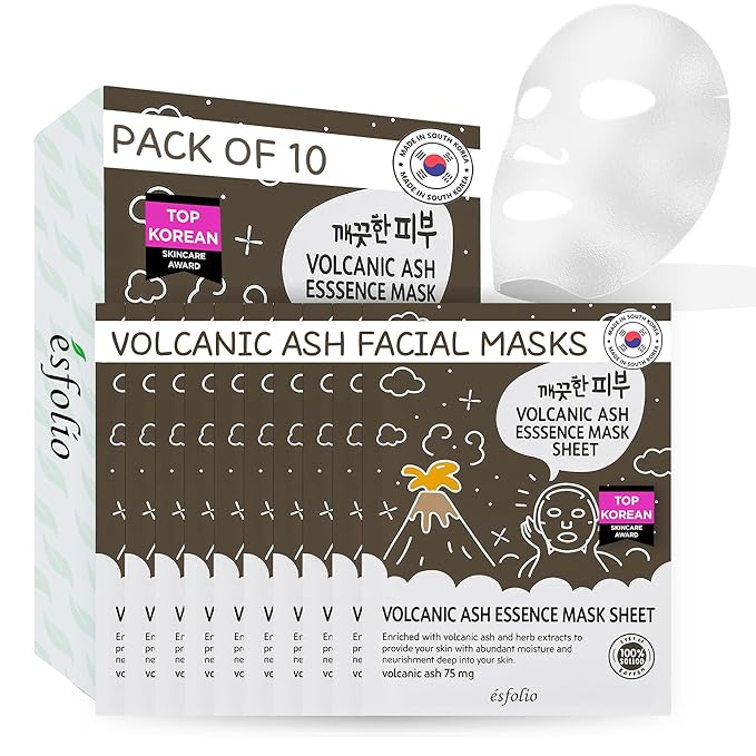 esfolio Volcanic Ash Face Mask – Deep Cleansing Korean Sheet Mask for Pore Care, Oil Control, Acne-Prone & Oily Skin – Hydrating & Purifying Skincare for Clear, Radiant Complexion (Pack of 10)