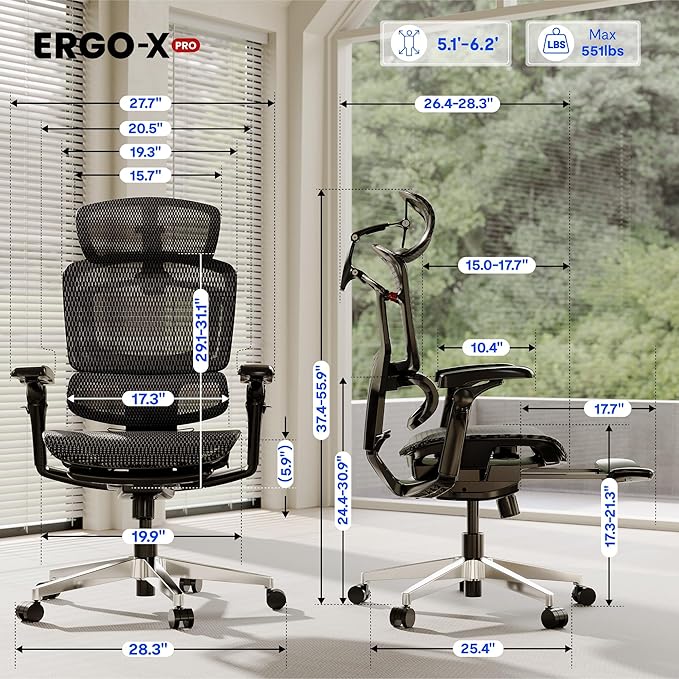 FLEXISPOT ErgoX-PRO Ergonomic Office Chair with Footrest Black – AeroWeave 5.0 Mesh Seat, 5D Lumbar, 7D Armrests, 4D Headrest, 551LBS Capacity – Office, Gaming, Home