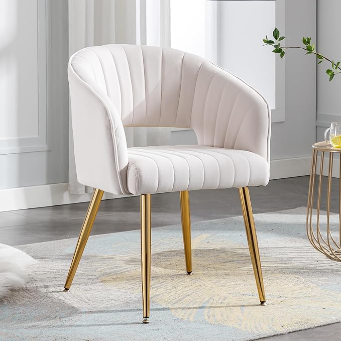 Home Office Chair Velvet Desk Chair Accent Armchair Upholstered Modern Tufted Chairs with Gold Legs for Girls Women Ergonomic Study Seat Computer Task Stools for Living Room(Cream)