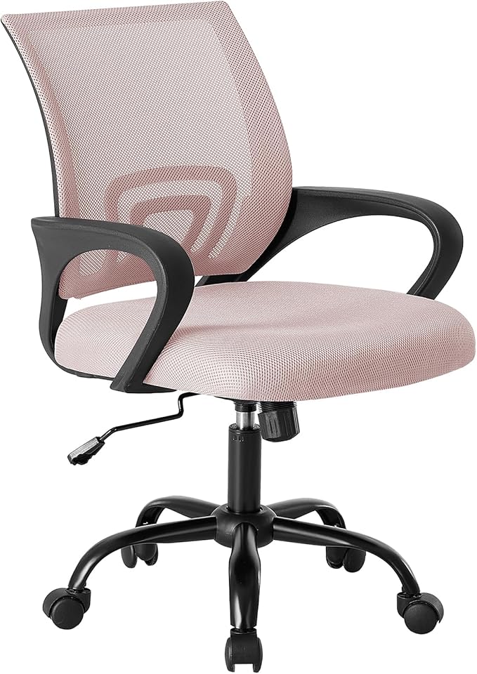 DUMOS Office Desk Chair - Ergonomic Mid Back with Lumbar Support & Rocking Mode, Height Adjustable with Fixed Armrest, for Computer, Gaming, Conference, Meeting Room, 360° Swivel, Pink