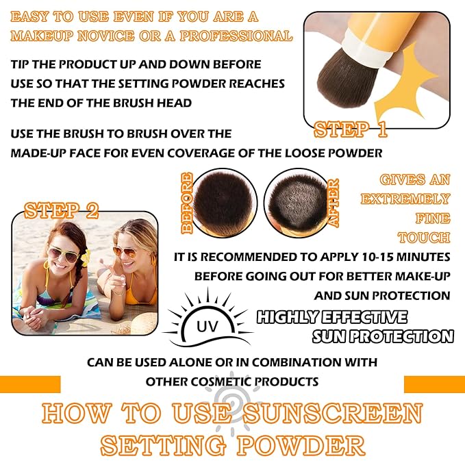 2 Pcs Mineral Sunscreen Setting Powder SPF50 PA++ for Face,Long-Lasting Oil Control Sunscreen Brush Powder,Matte Transparent Facial Powder Sunscreen,All Skin