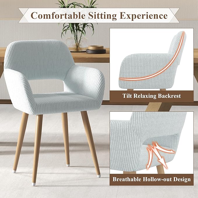 Home Office Desk Chair Set of 2, Corduroy Fabric Vanity Chair for Makeup with Hollow Backrest, Comfy Armchair Wood Frame with Strudy Metal Legs, Light Blue