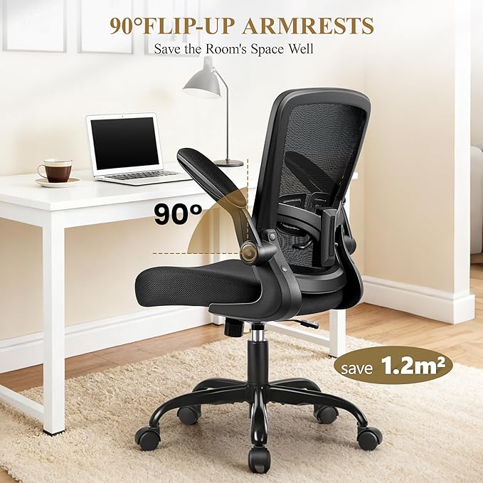Office Chair with 90° Flip-Up Armrests, Silent 360° Swivel Casters, Adjustable Height & Tilt for Small Home Offices and Conference Rooms