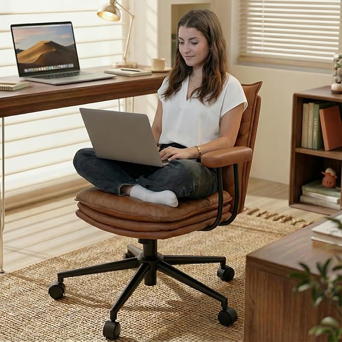 Brown Office Chair with Triple-Layers Thicken Wide Seat, Mid Back Leather Desk Chair with Wheels and Arms, Mid-Century Modern Computer Chair for Home Office