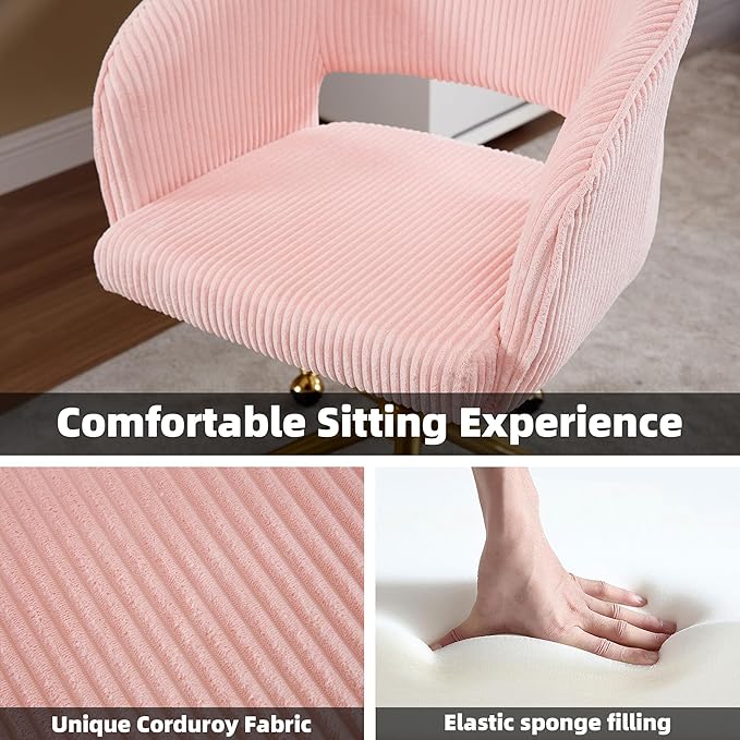 Westice Home Office Desk Chairs, Modern Corduroy Rolling Chair, Height Adjustable Swivel Vanity Chair with Golden Base, Ergonomic Chair for Vanity Study, Living Room Computer Room, Pink