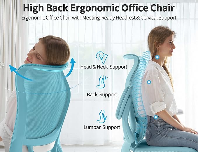 TRALT Ergonomic Office Chair - Desk Chair with Wave High Back Adjustable Lumbar Support Computer Chair - Gaming Chairs Mesh Backrest and PU Leather Seat (Blue Blue)