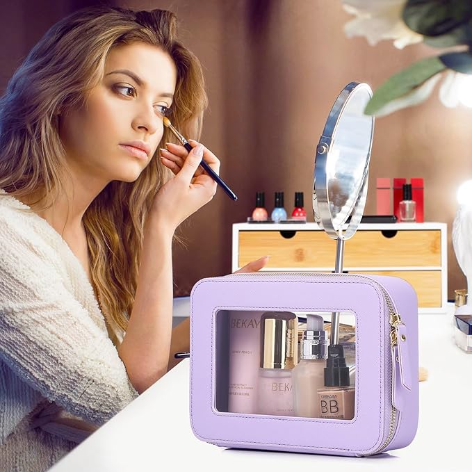 Pinkmik Clear Makeup Bag for Women Waterproof Travel Cosmetics and Toiletries Case Portable Makeup Oaganizer Bag Clear Car Bag with Zipper (X/Purple, M+L)