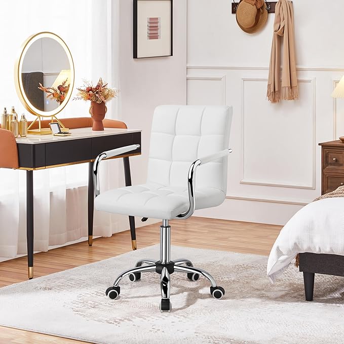 Yaheetech White Office Chair with Wheels and Armrests, Modern PU Leather Desk Chair, Mid-Back Adjustable Executive Chair, 360° Swivel