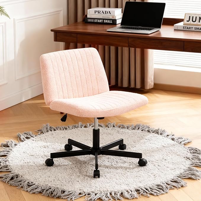 FDW Criss Cross Chair with Wheels Cross Legged Office Desk Modern Swivel Height Adjustable Wide Seat Computer Task Vanity Chair Comfy Fabric Armless Seating for Home Office