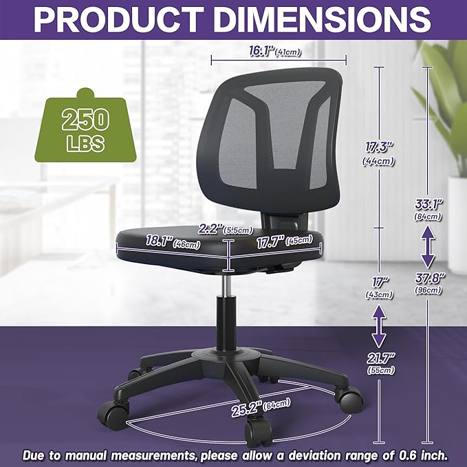 Swivel No Arms Small Home Desk Chair for Computer with Height Adjustable Lumber Support and Rotatoable Wheels for Small Spaces
