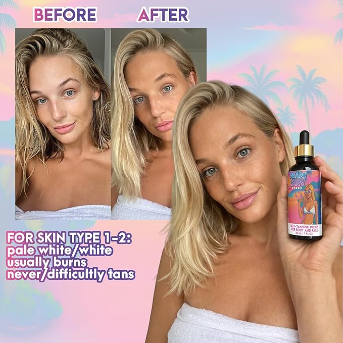 Miami Sun Stage Self Tanning Drops Face & Body - Light to Medium Tan - For Light Pale Skin Type 1-2 - Hydrating Sunless Tanner with Aloe & Cucumber - Vegan Cruelty Free Gradual Bronzer - 1 fl oz