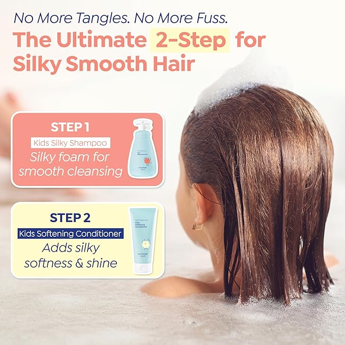 GOONGBE Kids' Detangling Shampoo - Silky Shine for Frizzy Tangle-Prone Hair – Silicone-Free Low pH with Silk Protein & Macadamia Oil – Tear-Free Tested, 25 Allergen-Free – Korean K-Beauty, 10.1 fl oz
