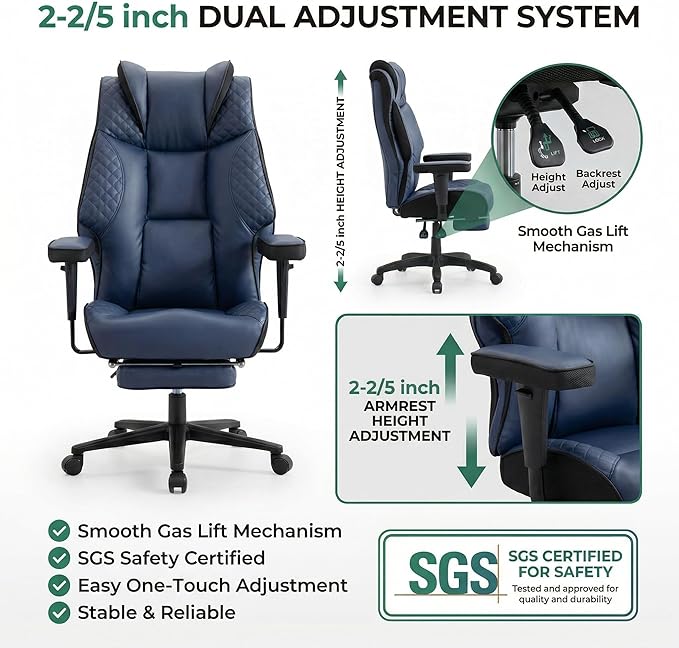 Big and Tall Office Chair 500lbs - 23.6" Extra Wide Seat Ergonomic Executive Chair, Heavy Duty Metal Base High Back Leather Office Chair with Footrest, Lumbar Support & Adjustable Arm, Blue