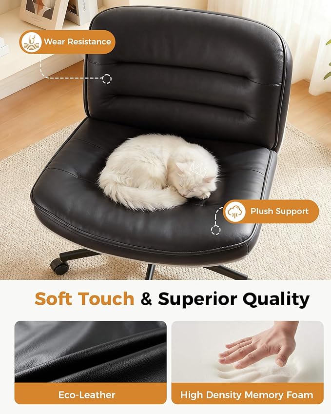 COMHOMA Cross Legged Office Chair with Wheels Armless Office Desk Chair, Modern Vanity Computer Task Chairs for Home Bedroom, Comfortable Wide Seat for Lower Back Pain Relief, PU Leahter, Black