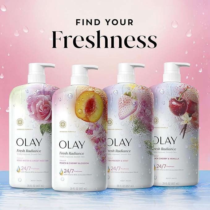 Olay Body Wash for Women, Fresh Radiance, 24/7 Skin-Loving Freshness, Visibly Radiant, Plant Based Cleansers, Vitamin B3 & Antioxidant Blend, For All Skin Types, Peach & Cherry Blossom Scent, 29 fl oz