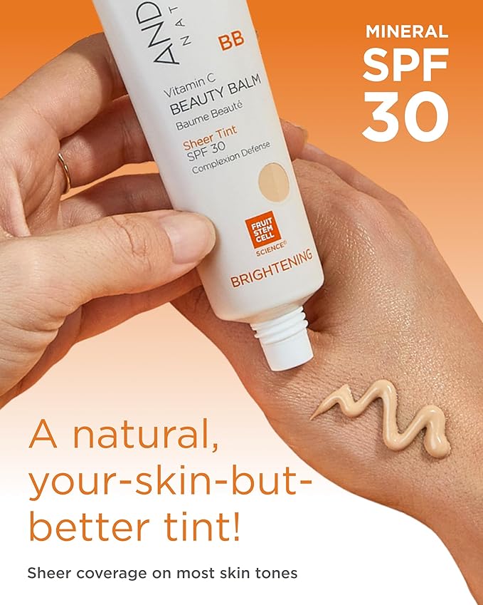 Andalou Naturals Vitamin C BB Beauty Balm Sheer Tint SPF 30-2-in-1 BB Cream & Mineral Sunscreen for Face - With Non-Nano Zinc Oxide Skin Protection - 2 fl oz