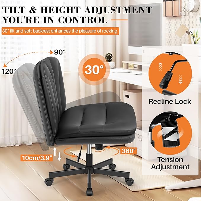 FelixKing Criss Cross Chair with Wheels, Cross Legged Office Chair, Armless Wide Vanity Desk Chair with 2 Layer Comfty Velvet & Back - Swivel for Home Office Bedroom, Dark Black