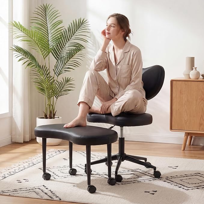 Ergonomic Cross Legged Chair with Wheels,360° Swivel Meditation Chair,ADHD Chair, Criss Cross Desk Chair with Lumbar Support and Adjustable Stool, Flexible Design for Fidgety Sitters, Black PU