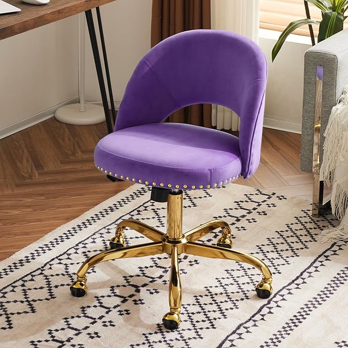 VINGLI Modern Velvet Small Office Chair,Cute Desk Chair with Wheels,Gold Base/Studs, Comfy Armless Swivel Vanity Task Chair for Women/Girl/Kids, Nail Tech Chair for Bedroom,Small Space,Violet Purple