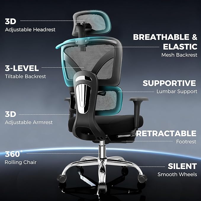 Ergonomic Office Chair with Footrest, Big and Tall Home Desk Chair, High Back Rolling Computer Chair with 3D Arms and Lumbar Support, Comfortable Gaming Chair, Swivel Mesh Chairs, Black