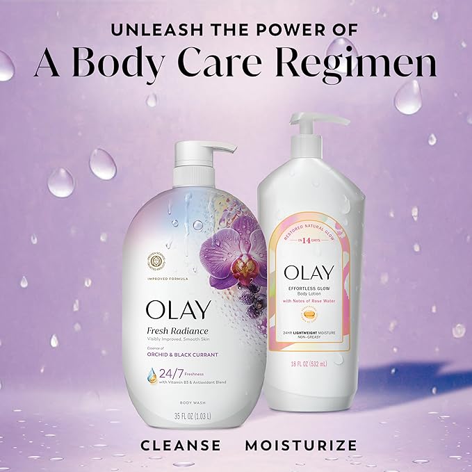 Olay Body Wash for Women, Fresh Radiance, 24/7 Skin-Loving Freshness, Visibly Radiant, Plant Based Cleansers, Vitamin B3 & Antioxidant Blend, For All Skin Types, Orchid & Black Currant Scent, 35 fl oz