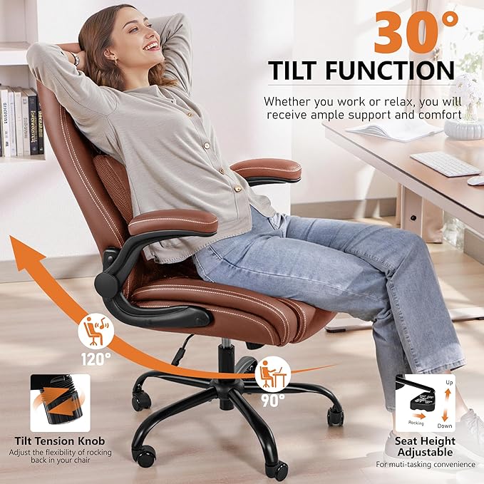 Office Chair,Ergonomic Office Chair with Lumbar Support for Lower Back Pain Relief, Executive Leather Chair with Padded Flip-up Arms, Wheels and Adjustable Armrests, Brown Pack of 4