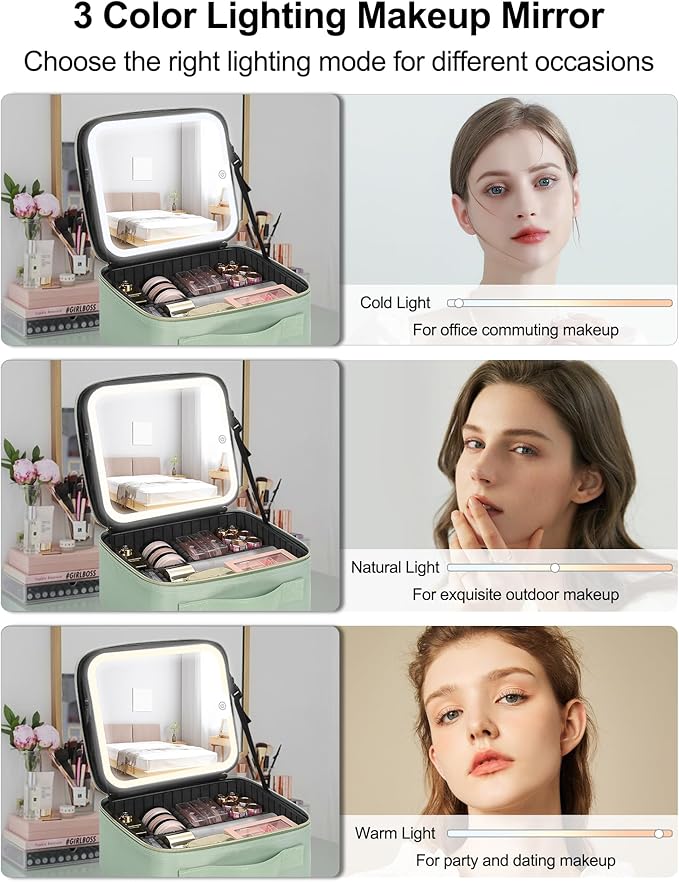 Relavel Travel Makeup Bag With LED Mirror, Portable Cosmetic Organizer Bag with Adjustable Brightness in 3 Color Scenarios, Small Train Case with Detachable Dividers for Trip- Green