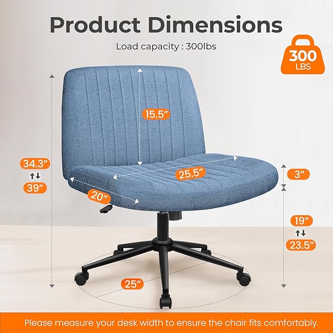 NEO Chair Criss Cross Chair with Wheels Armless Cross Legged Office Desk Wide Comfy Vanity Makeup Chair Adjustable Swivel Rolling Computer for Home Office Fabric (Blue)