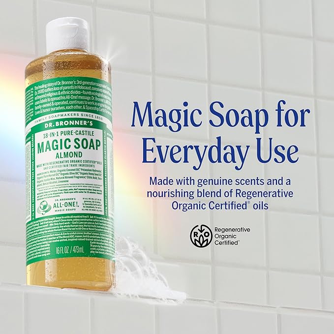 Dr. Bronner's Pure-Castile Magic Soap Liquid (Almond, 8 Ounce) - Made with Regenerative Organic Certified Oils, 18-in-1 Uses: Face, Body, Hair, Laundry, Pets and Dishes, Concentrated, Vegan, Non-GMO