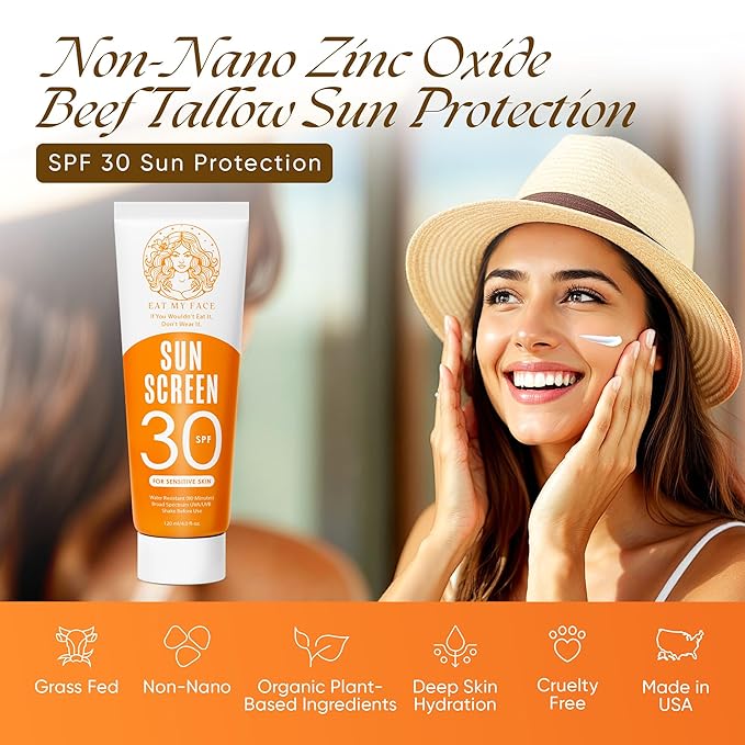 Eat My Face Tinted Beef Tallow Sunscreen SPF 30 – No White Cast, Natural Glow | Reef Safe Mineral Zinc Oxide | Water Resistant Sun Protection for Face & Body, 4 oz