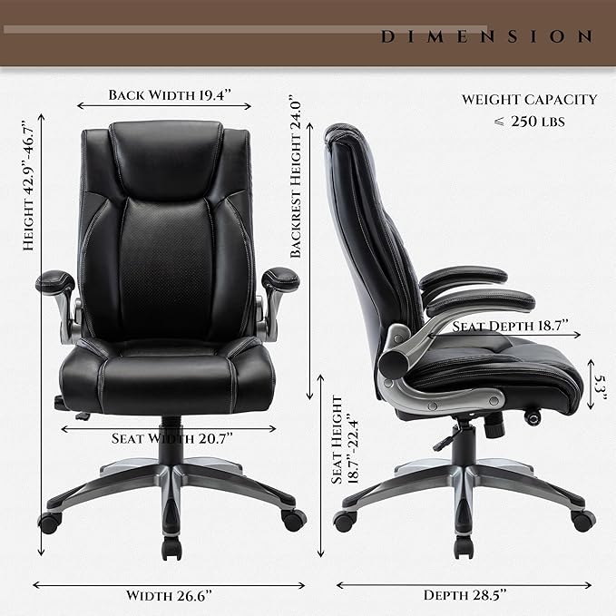 COLAMY Executive Office Ergonomic Chair with Thick Bonded Leather, 300lbs Capacity Big and Tall High Back Desk Chair with Flip-up Armrests, Adjustable Height and Tilt for Working, Study, Gaming,2PC