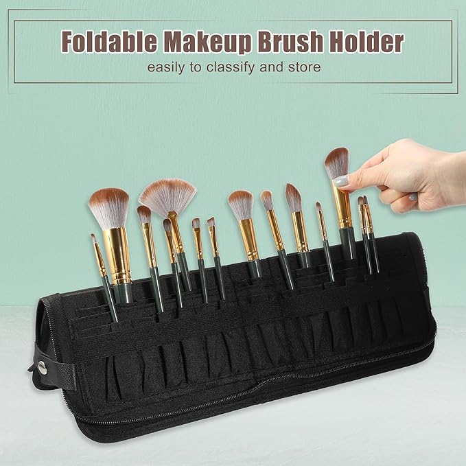 VOCOSTE Foldable Makeup Brush Holder, 29 Pockets Makeup Brush Organizer, Stand-up Makeup Brush Travel Bag Cosmetic Case, Portable Travel Makeup Brushes Case Handbag