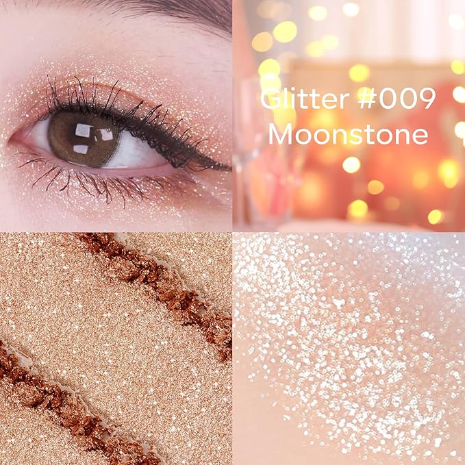 KYDA Champagne Glitter Single Eyeshadow, Champagne Shimmer Glow Eyeshadow, Ultra-fine Lightweight, Crease-proof High Pigmented Formula, Mini Glitter Eyes Makeup, Moonstone