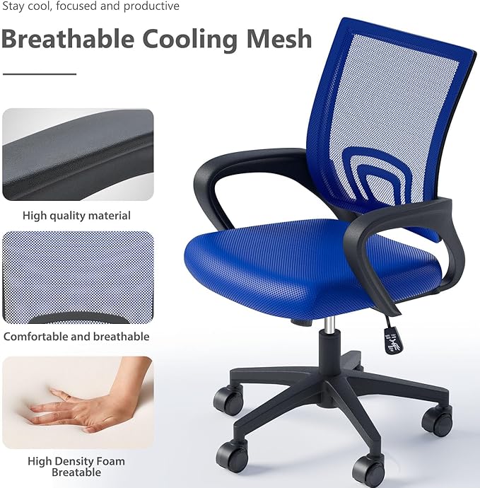 Home Office Chairs, Ergonomic Mid-Back Mesh Desk Chairs with Lumbar Support, Adjustable Swivel Rolling Design, Comfy Armrest for Work, Study, Gaming, Vanity, Navy Blue, 2 Pack