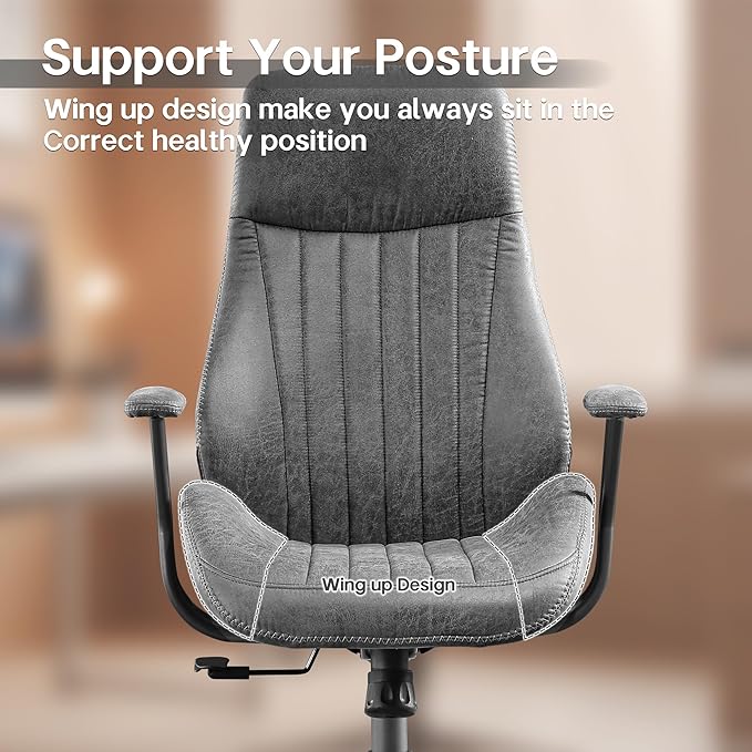 HOOOWOOO Faux Suede Leather Home Office Desk Chair,MCM Modern Ergonomic Task Work Chair,Computer Gaming Chair with Cushion Seat Lumbar Support Reclining High Back for Long Hours(Charcoal Grey)