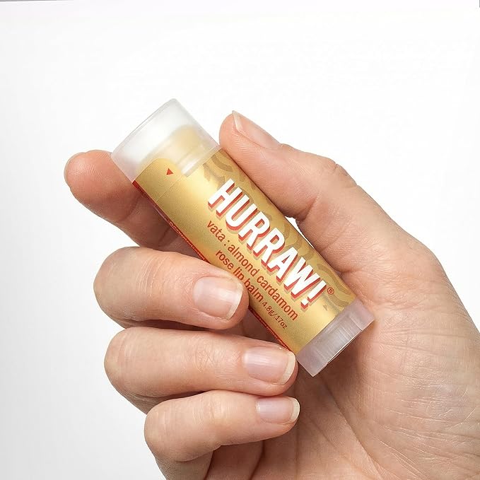 Hurraw! Almond, Cardamom, Rose (Vata) Lip Balm: Organic, Certified Vegan, Cruelty and Gluten Free. Non-GMO, 100% Natural Ingredients. Bee, Shea, Soy and Palm Free. Made in USA