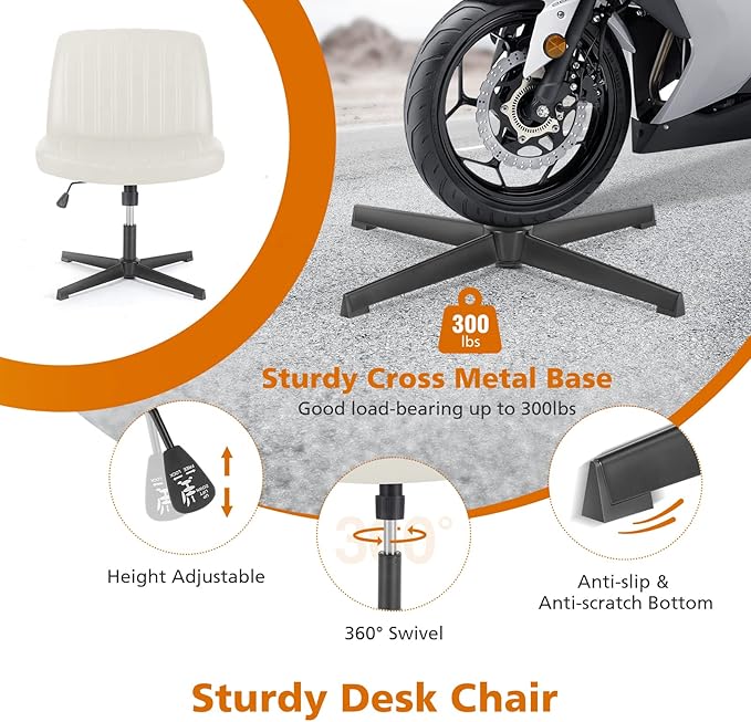 Sweetcrispy Criss Cross Chair Legged, Armless Office Swivel Desk Chair No Wheels, Vanity Height Adjustable Wide Seat Faux Leather Computer Task Seating for Home Bedroom