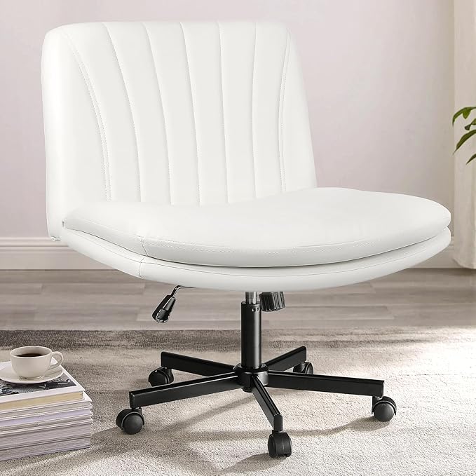 PUKAMI Criss Cross Chair,Comfy Cross Legged Office Desk Chair No Wheels,Modern Fabric Swivel Adjustable Height Mid Back Wide Seat for Home Office Computer (Pu White with Wheels)