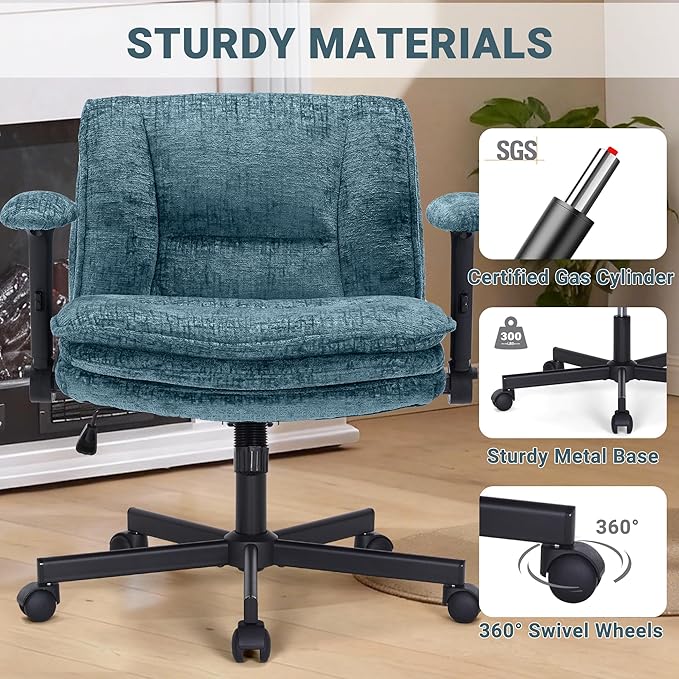 Criss Cross Chair with Wheels and Flip Arms, Upholstered Cross Legged Office Chair with 3 Layer Cushions&Dynamic Airbag Lumbar Support, Wide Seat Comfy Desk Chair for Home Office,Living Room,Turquoise