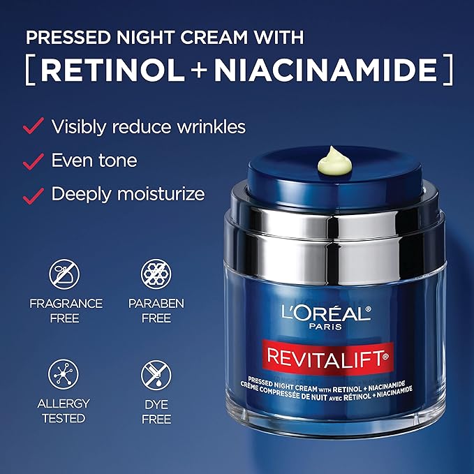L'Oreal Paris Revitalift Pressed Night Cream,Retinol + Niacinamide,Reduces Wrinkles,Fragrance Free,1.7 oz + Serum Sample,(Pack of 2)