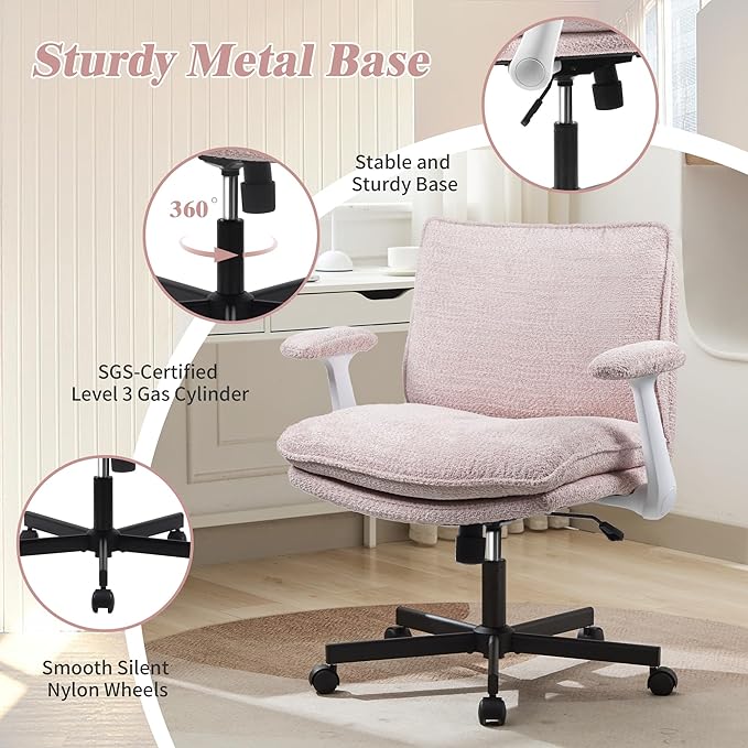 Criss Cross Legged Office Chair with Wheels and Flip-Up Arms, Upholstered Criss Cross Desk Chair, Wide Seat Chairs for Home Office, Vanity, Apartment, Pink