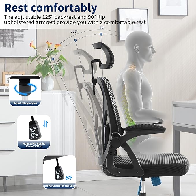 Office Chair,Ergonomic Desk Chair with Adjustable Lumbar Support,400 Lbs Mesh Computer Chair High Back with Headrest for Home Office (Black)